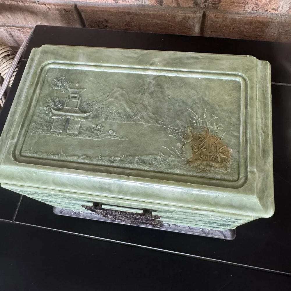 Vintage Faux Jade Chinoiserie Jewelry Box | 3-Drawer‎ Dragon Pulls | Mid Century